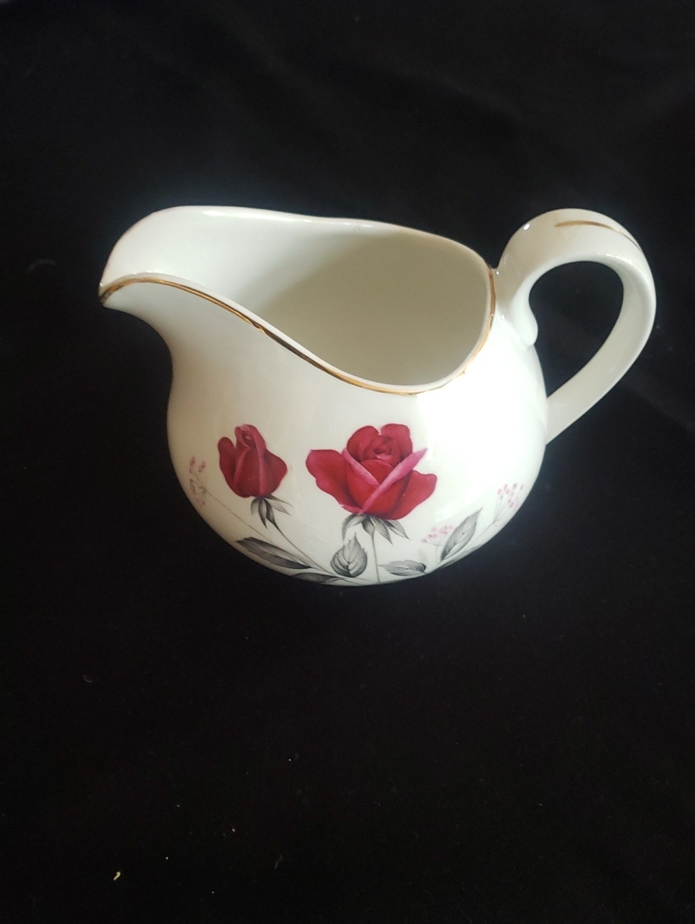 Vintage Crown Essex 22kt Gold Trim - White Ceramic Creamer Pitcher with Red Rose
